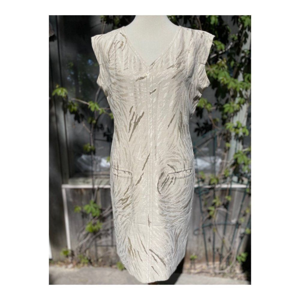 Vintage Lourdes Chavez Designer Shift Dress Ivory Gold Mother of Bride Cotton Sz